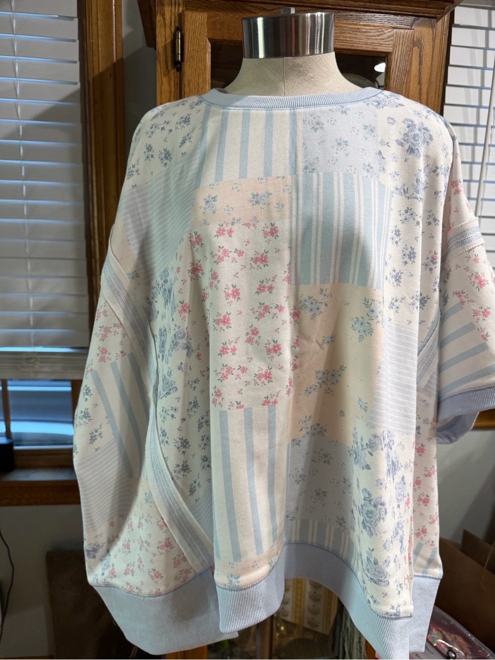 Peach Love California Pastel Patchwork Floral Sweatshirt - Blue, Pink, Cream
